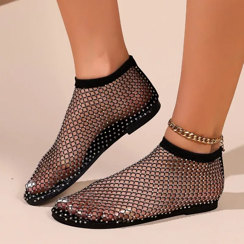 Color: Red, Shoe Size: 36 - Women Summer New Fashion Mesh Luxurious Rhinestone Designer Simple Solid Color Sandals Daily Versatile Round Toe Womens Sandal