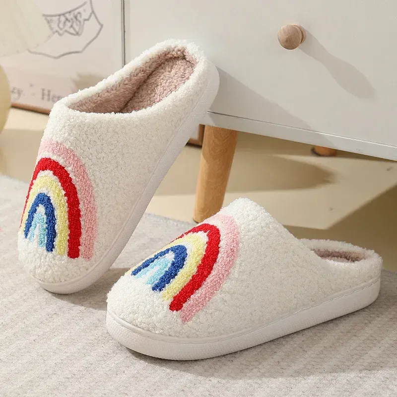 Color: Beige, Shoe Size: 40-41 - Women Rainbow Slippers Men Retro Preppy Slippers Winter Warm Plush House Fluffy Living Room Shoes Female New Christmas Gifts
