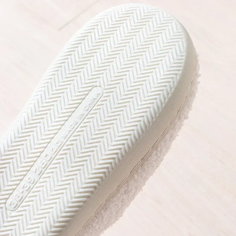 Color: Beige, Shoe Size: 40-41 - Women Rainbow Slippers Men Retro Preppy Slippers Winter Warm Plush House Fluffy Living Room Shoes Female New Christmas Gifts