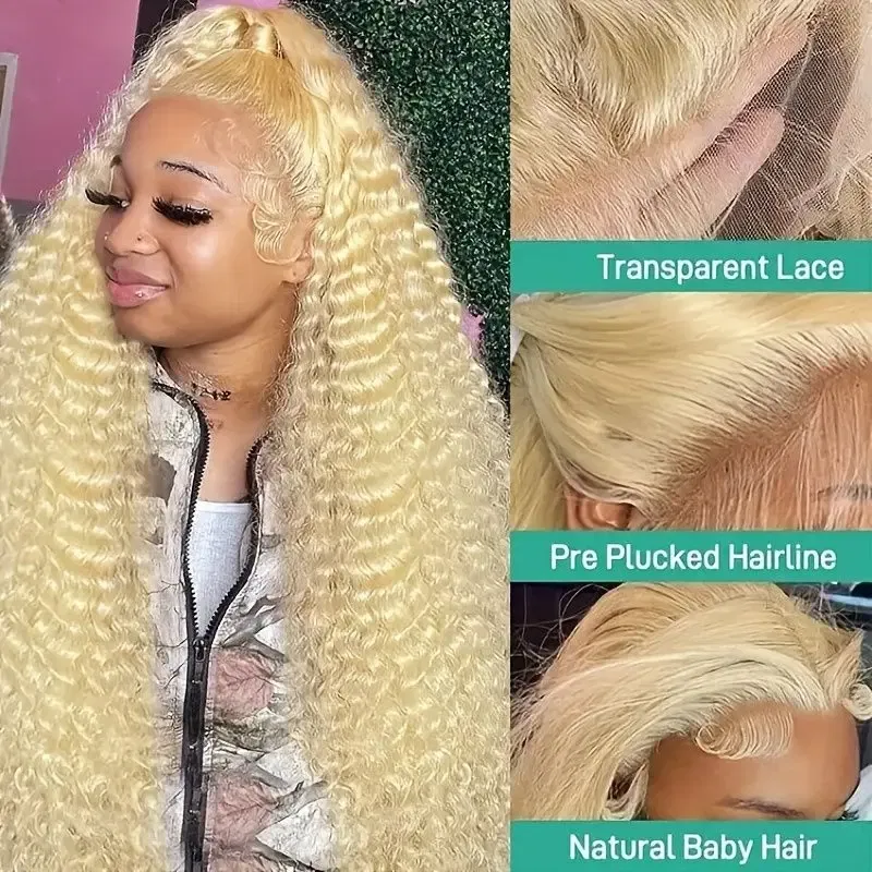 Color: #1, Ships From: CHINA, Stretched Length: 36inches, Density: 150% - 613 Blonde Curly glueless 13x6 Transparent Hd lace front wig Deep Wave human hair 36 inch Brazilian wig pre plucked for women
