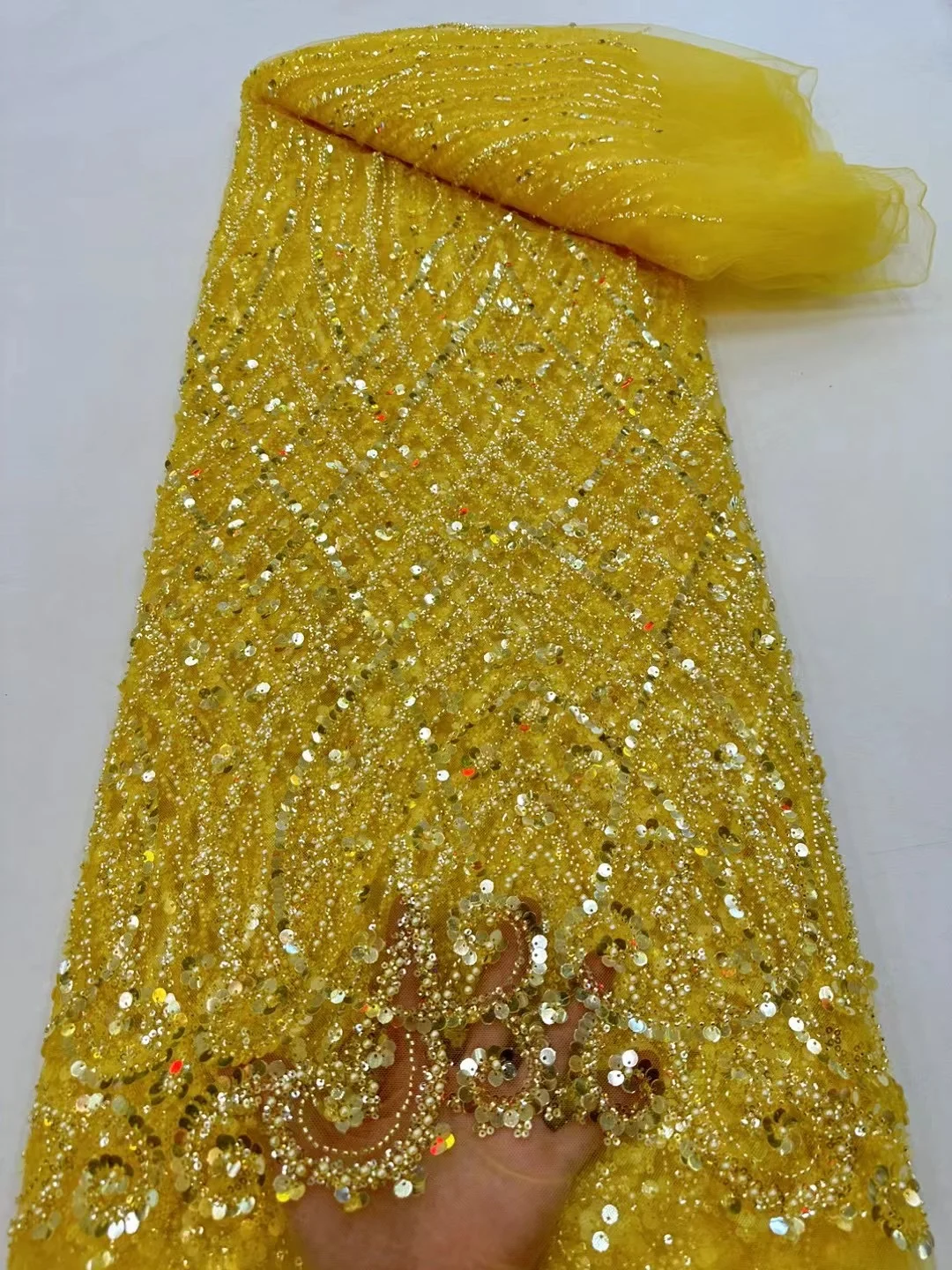 Color: BROWN, Width: 120cm, Length: 5 yards - Ni Ai African Sequins Beaded Groom Lace Fabric High Quality French Tulle Lace Fabric 2025 Embroidery Nigerian Lace Fabrics