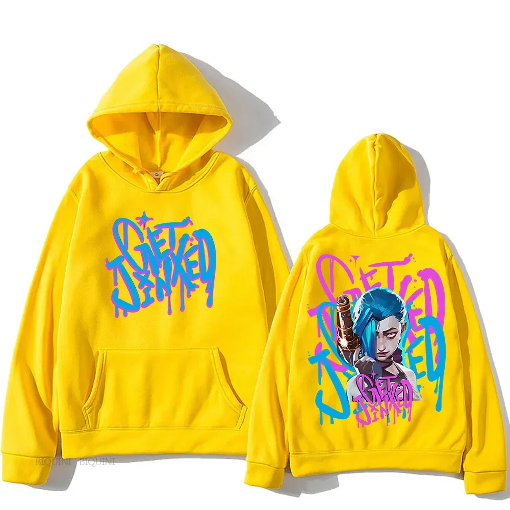 Color: Beige, Size: XS - Arcane Jinx Cute Hooded Anime Print Harajuku Kawaii Sweatshirt Long-sleeved Cartoon Fleece Clothes Moletom Fashion Pullovers