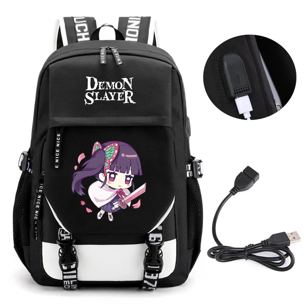 Color: Clear - Anime Demon Slayer Kamado Nezuko Backpack School Book Bags Mochila Travel USB Port Bag Laptop Boy Girls Gift