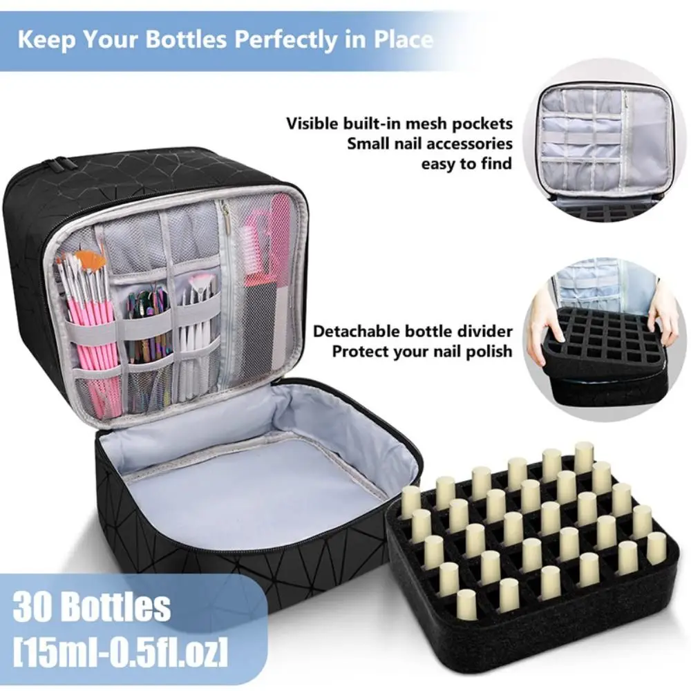 Color: SKY BLUE - 30 Grids Nail Organizer Makeup Bag Cosmetic Manicure Case Professional Double Layer Design Nail Polish Gel Handbag with Handle