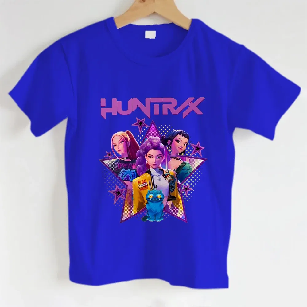 Color: Blue, Kid Size: 4 - KPOP Hunters Anime series pattern Girl T-shirt, Huntrix girl Group cute T-shirt