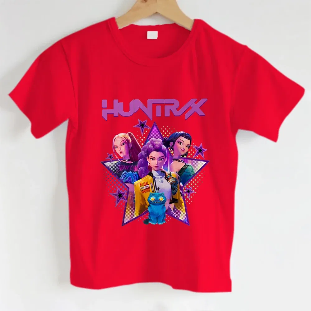Color: Blue, Kid Size: 4 - KPOP Hunters Anime series pattern Girl T-shirt, Huntrix girl Group cute T-shirt