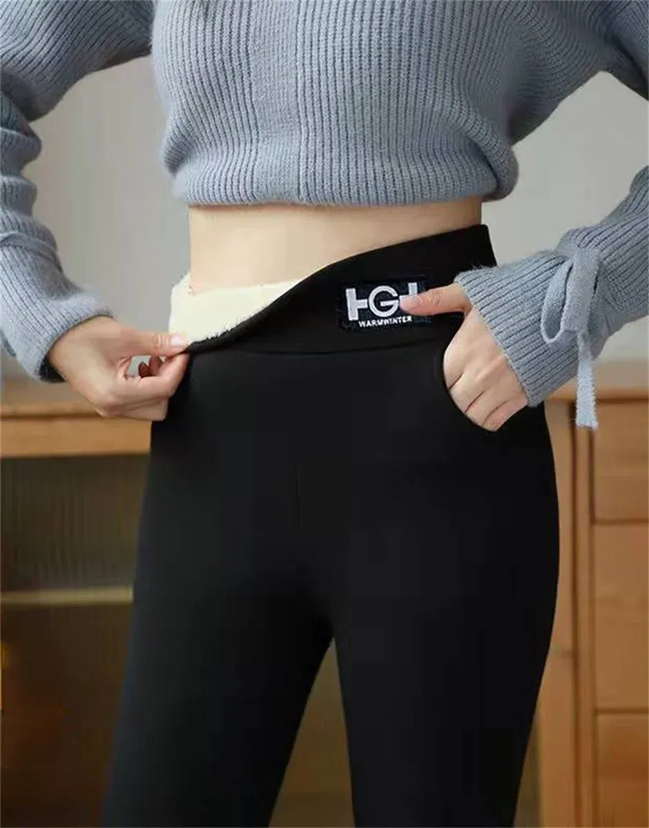 Color: Blue, Size: L - Winter Women Leggings Solid Warm Leggings Thicken Lambwool Hight Waist Fleece Keep Butt Lift High Stretchy Walking Pants Pocket