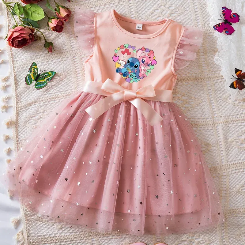 Color: Gold, Kid Size: 9 - Lilo Stitch Girls Sequin Tutu Dress with Bow Flutter Sleeves Summer Princess Party Outfit for Toddler Kids 2-6 Years