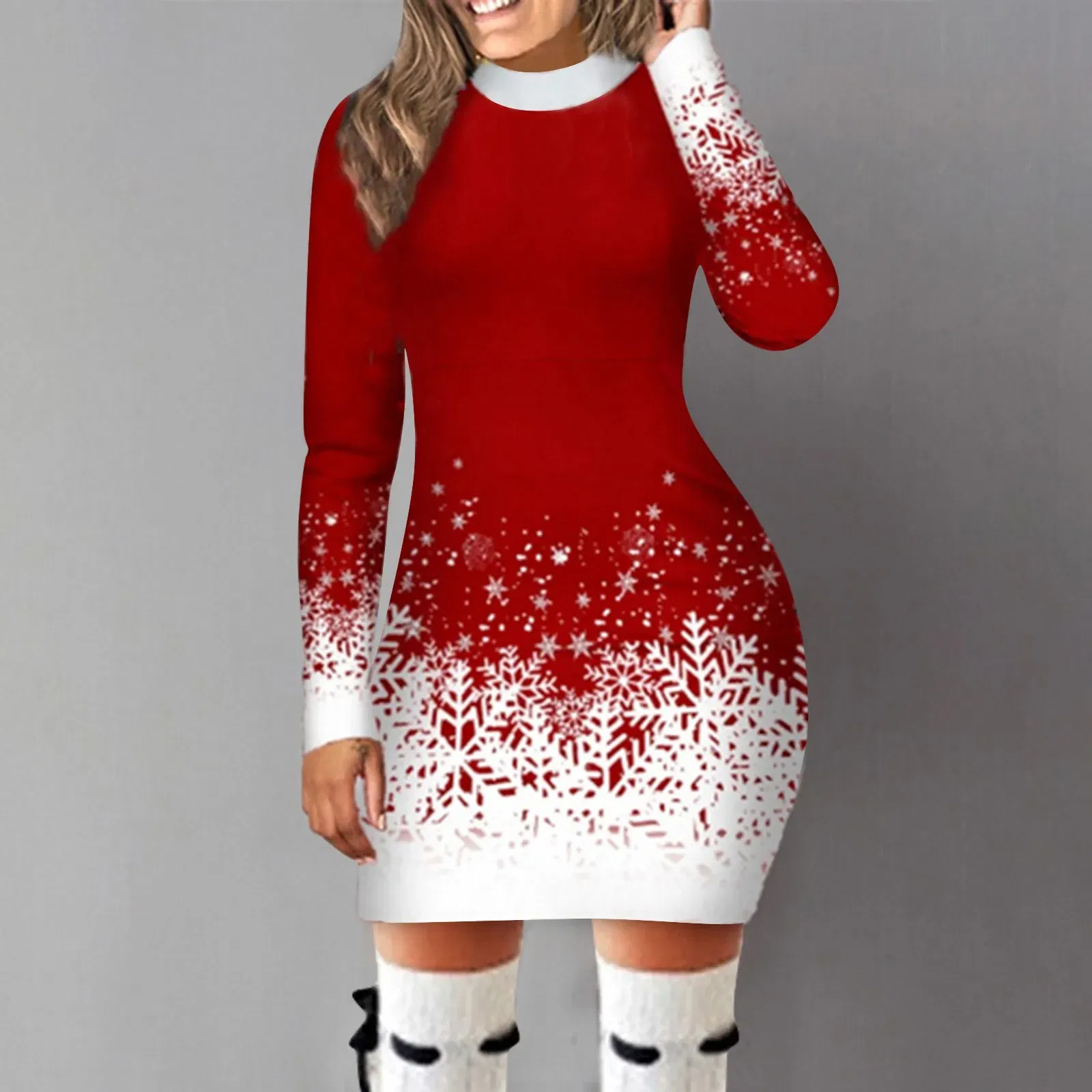 Color: black, Size: M, Ships From: CN - Women's Christmas Dress Hip Wrap Slim Fit Autumn Winter 2024 Dresses Round Neck Snowflake Printed Long-sleeved Party Clothes