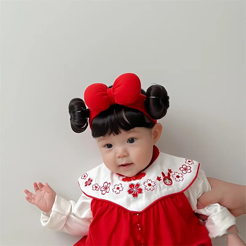 Color: Beige - New Year Hair Accessories Cute Bow Baby Girl Wig Hat Hairpiece Christmas Newborn Children Kids Girls Cosplay Headbands Headwear