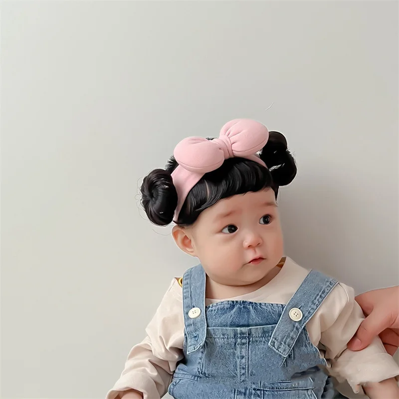 Color: Beige - New Year Hair Accessories Cute Bow Baby Girl Wig Hat Hairpiece Christmas Newborn Children Kids Girls Cosplay Headbands Headwear
