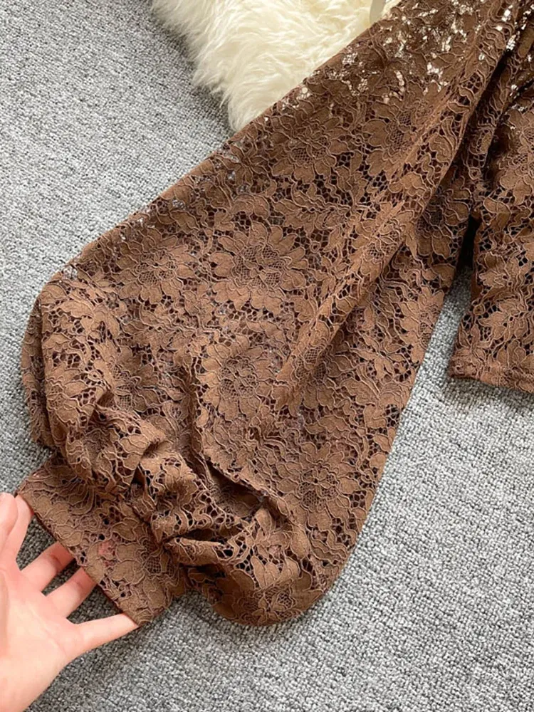 Color: green, Size: One Size - Autumn Black/White/Brown Sexy Lace Blouse Women Elegant V-Neck Puff Long Sleeve Open Back Short Tops Female Party Blusas 2021
