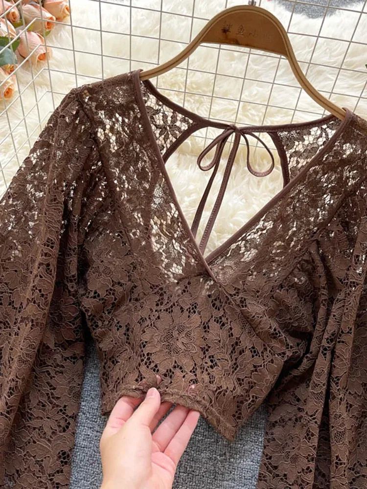 Color: green, Size: One Size - Autumn Black/White/Brown Sexy Lace Blouse Women Elegant V-Neck Puff Long Sleeve Open Back Short Tops Female Party Blusas 2021