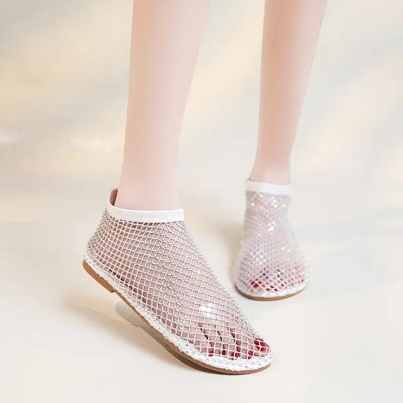 Color: Gold, Shoe Size: 36 - Women Summer New Fashion Mesh Luxurious Rhinestone Designer Simple Solid Color Sandals Daily Versatile Round Toe Womens Sandal