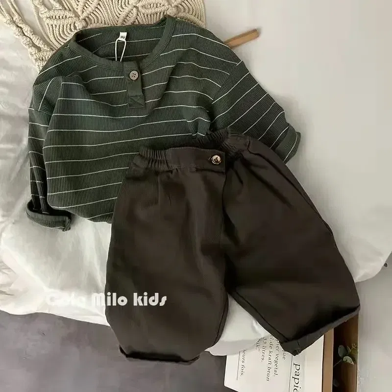 Color: green, Kid Size: 4 - Korean Children's Striped T-shirt 2024 Spring Boys and Girls' Long Sleeve T-shirt Bottom Shirt Baby Loose Top