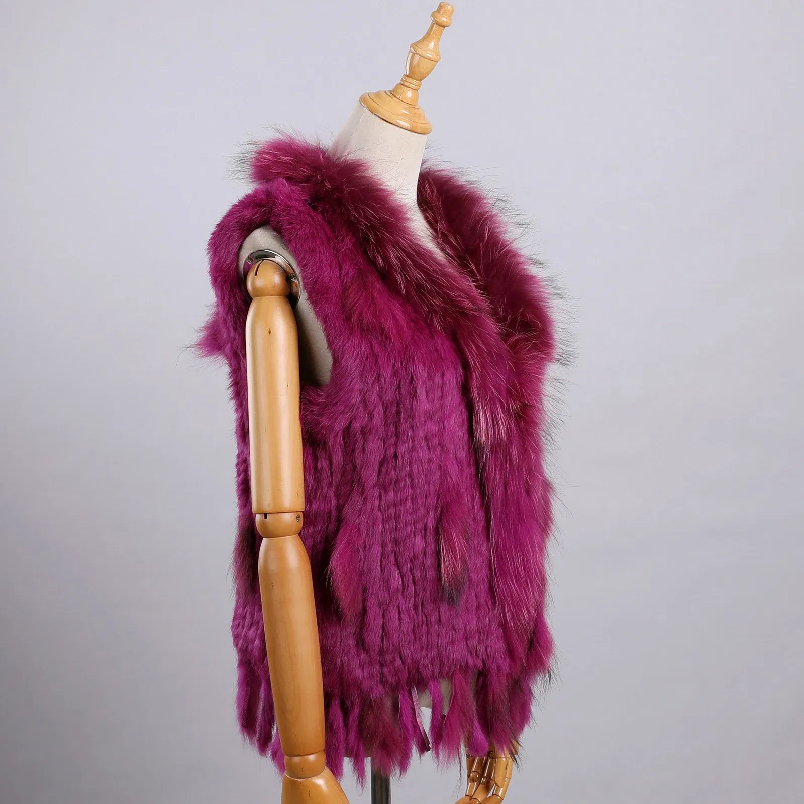 Color: Fuchsia, Size: XL - Luxury Women's Genuine Premium Long Hair Rabbit Fur Knit Vest Raccoon Fur Trim Gilet Lady Sleeveless Waistcoat Real Fur Jacket