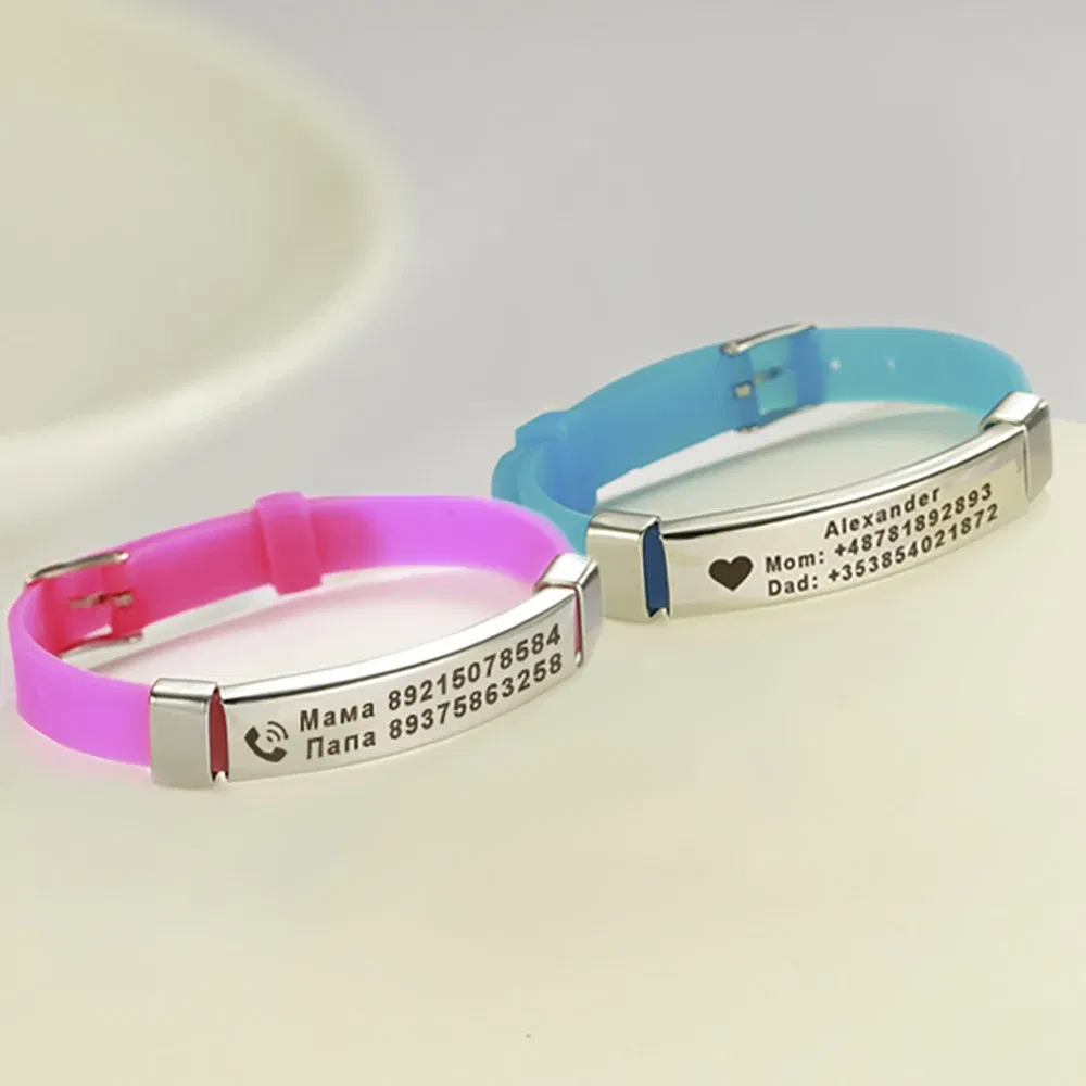 Metal Color: Rust Red, Length: 17cm - Personalized ID Bracelet Kids Children Adjustable Soft Silicone Stainless Steel Pendant Emergency Name Phone Custom Bracelets
