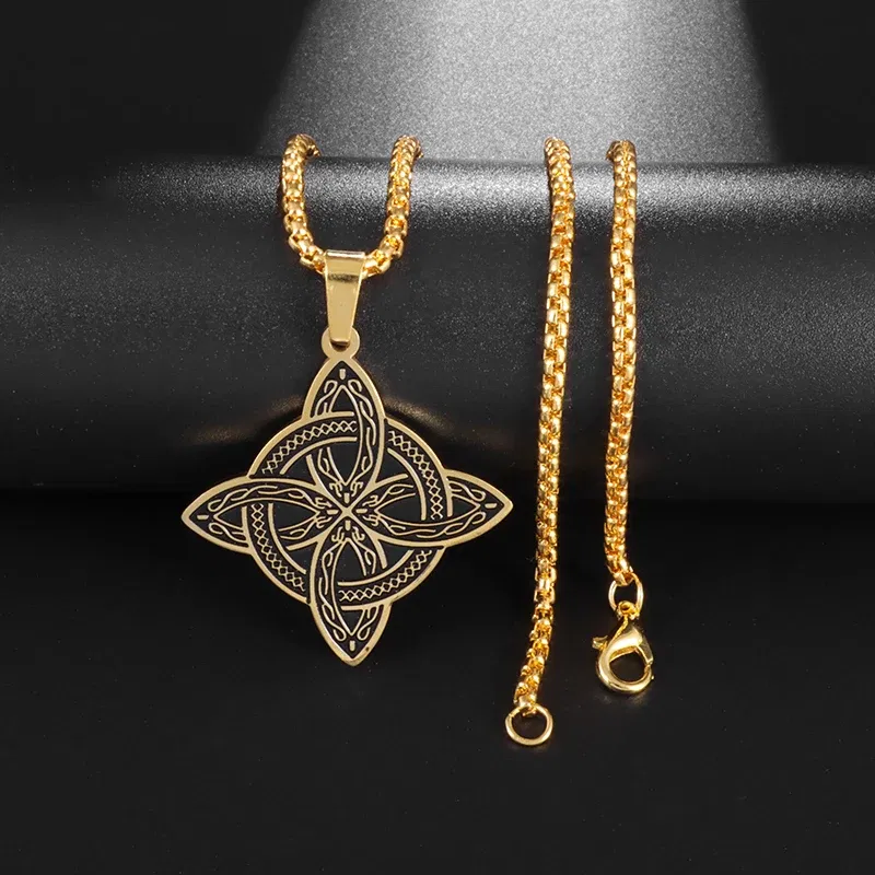 Metal Color: Platinum Plated - Stainless Steel Silver Color Pattern Witch Knot Pendant Necklace Celtic Knot Lucky Jewelry Gift for Friends Family