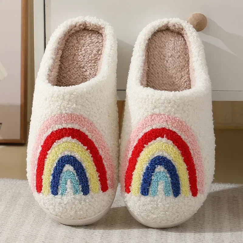 Color: Beige, Shoe Size: 42-43 - Women Rainbow Slippers Men Retro Preppy Slippers Winter Warm Plush House Fluffy Living Room Shoes Female New Christmas Gifts