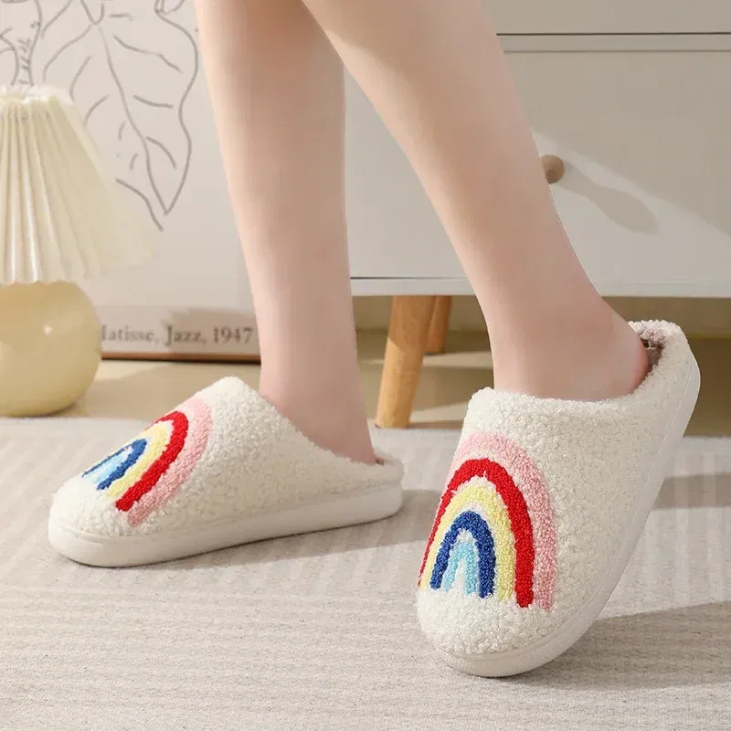 Color: Beige, Shoe Size: 42-43 - Women Rainbow Slippers Men Retro Preppy Slippers Winter Warm Plush House Fluffy Living Room Shoes Female New Christmas Gifts