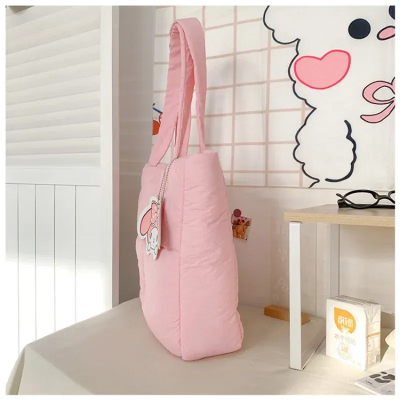 Color: Beige, Size: Extra Large - 2024 New Sanrio Handbag Cartoon Cute Down Fabric Kuromi Tote Bag Shoulder Pacha Dog Cute Stationery Bag Large Capacity Handbag