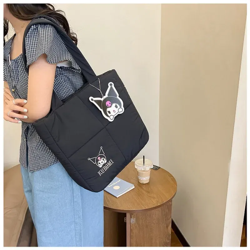 Color: Beige, Size: Extra Large - 2024 New Sanrio Handbag Cartoon Cute Down Fabric Kuromi Tote Bag Shoulder Pacha Dog Cute Stationery Bag Large Capacity Handbag