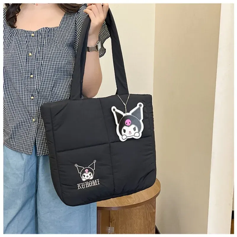 Color: Beige, Size: Extra Large - 2024 New Sanrio Handbag Cartoon Cute Down Fabric Kuromi Tote Bag Shoulder Pacha Dog Cute Stationery Bag Large Capacity Handbag