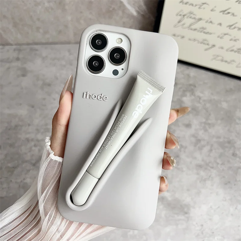 Color: Beige, Bundle: Bundle1, Material: Leather - Phone Case For iPhone 12 13 14 15 16 Pro Max Plus 17 Air Portable Lip Gloss Holder Lipstick Silicone Soft Bumper Cover Lip Glaze
