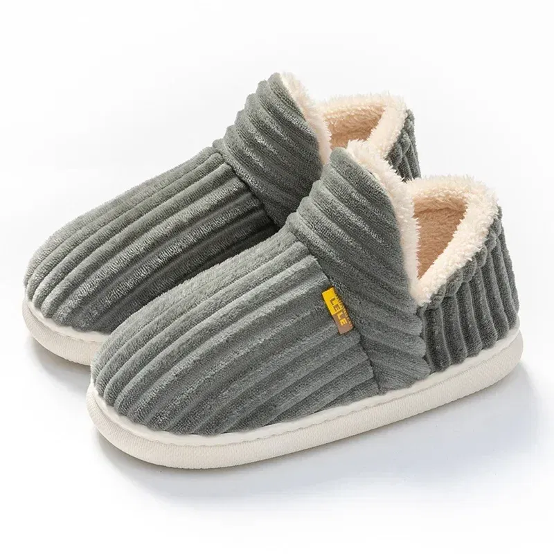 Color: Beige, Shoe Size: 38-39 - Winter Couple Style Concise Solid Color Wrap Heels Plush Slippers Non-slip Warm Flip Flops Women Men Home Casual Cotton Shoes