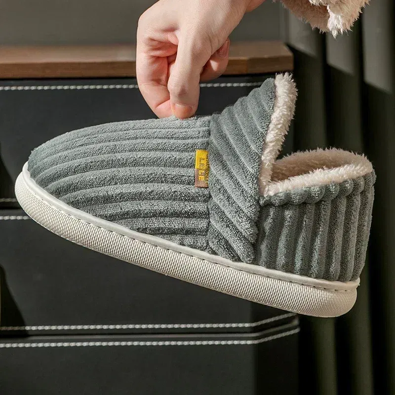 Color: Beige, Shoe Size: 38-39 - Winter Couple Style Concise Solid Color Wrap Heels Plush Slippers Non-slip Warm Flip Flops Women Men Home Casual Cotton Shoes
