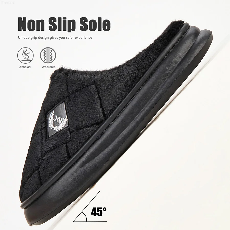 Color: black, Shoe Size: 42-43 - Men's House Slippers Furry Plaid cozy EVA Memory Foam Lightweight Casual Shoes Winter Warm Plush Non-slip Slippers big size