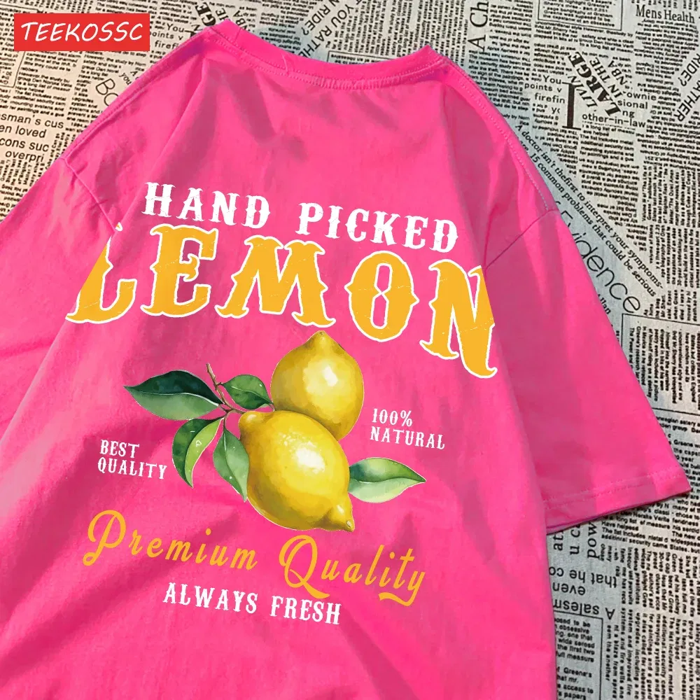 Color: Clear, Size: S - Summer Lemon Cherries Prints T-Shirts Cotton Women's Tops Oversize O-Neck Soft Short Sleeve tees Street Casual Womans Clothes