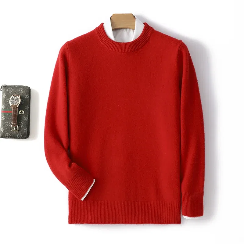 Color: Red, Size: S, Ships From: CHINA - Men's 100% Pure Wool Cashmere Sweater O-Neck Pullover Knit Sweater Autumn and Winter New Long Sleeve High-End Jumpers Thick Tops