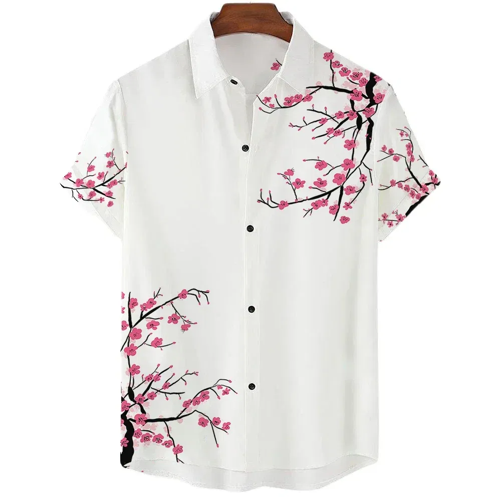 Color: WHITE, Size: 4XL - Fashionable Luxury Social men's Shirt Lapel button-down Shirt Casual Japanese Aesthetic Cherry Blossom Print short-sleeved Tops