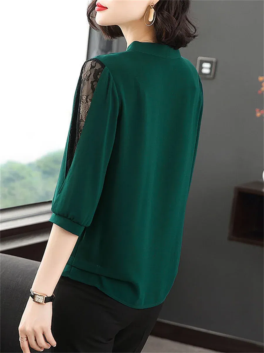 Color: Red, Size: 4XL - Women Spring Summer Style Blouses Tops Lady Casual Bow Tie Colloar Half Lace Sleeve Loose Blusas Tops DF4275