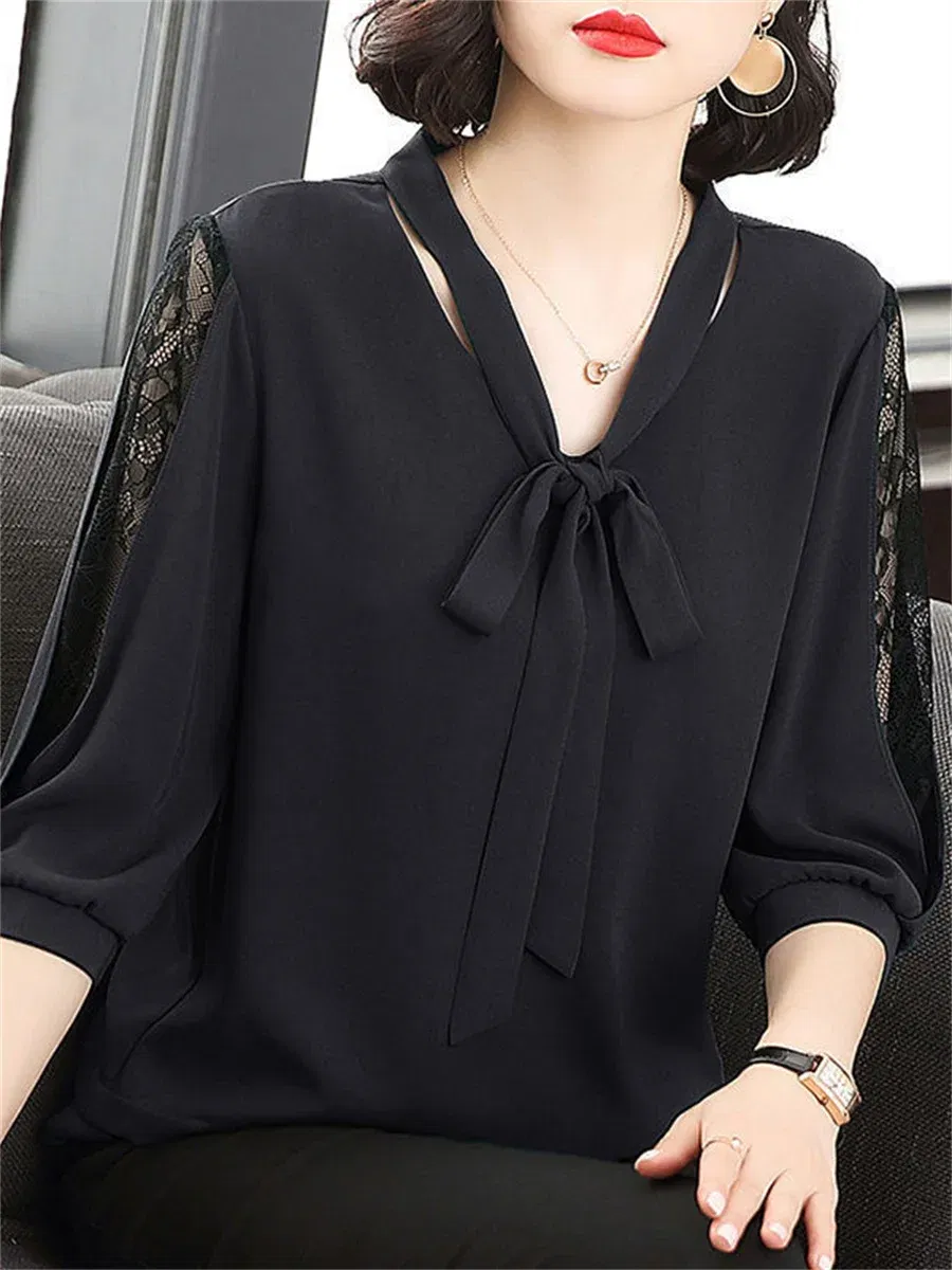 Color: Red, Size: 4XL - Women Spring Summer Style Blouses Tops Lady Casual Bow Tie Colloar Half Lace Sleeve Loose Blusas Tops DF4275