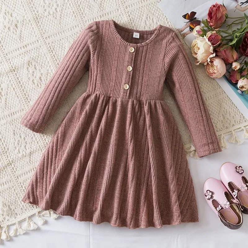 Color: Brown, Kid Size: 7 - Autumn and Winter Girls Knitted Sweater Dress Solid Color Soft Long Sleeve Dress Children Christmas Costume Birthday Casual Wear