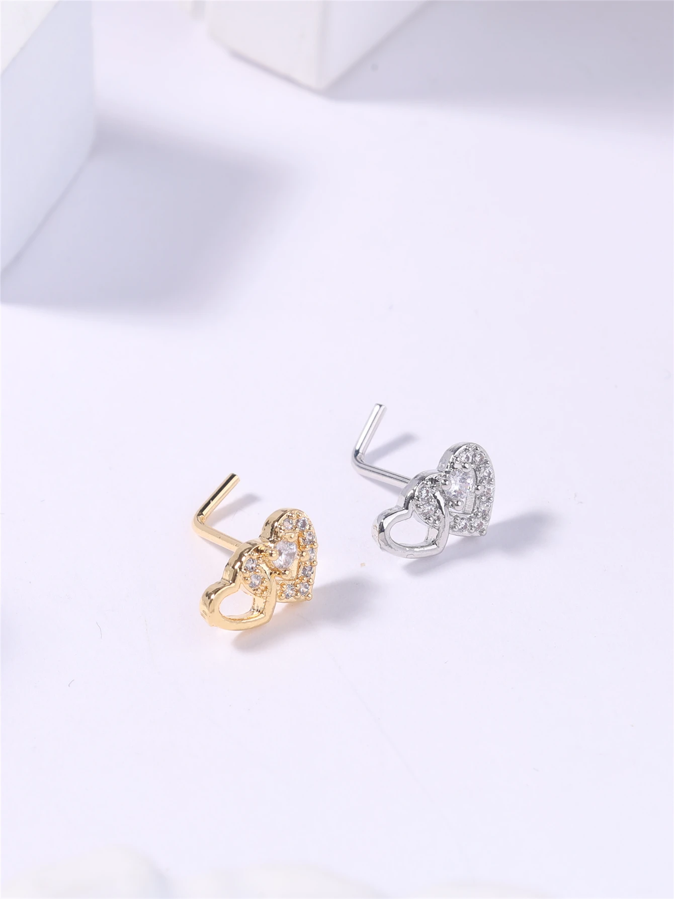 Metal color: Gold-color - 20G L Shaped Nose Studs Rings Cute Heart Shiny CZ Love Stone Gold Silver Color Nose Piercing for Women Girl Nostril Jewelry