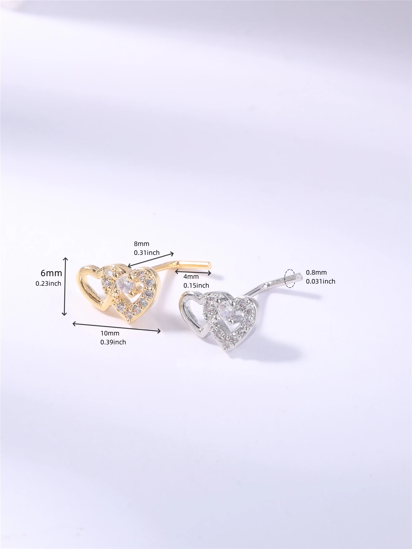 Metal color: Gold-color - 20G L Shaped Nose Studs Rings Cute Heart Shiny CZ Love Stone Gold Silver Color Nose Piercing for Women Girl Nostril Jewelry