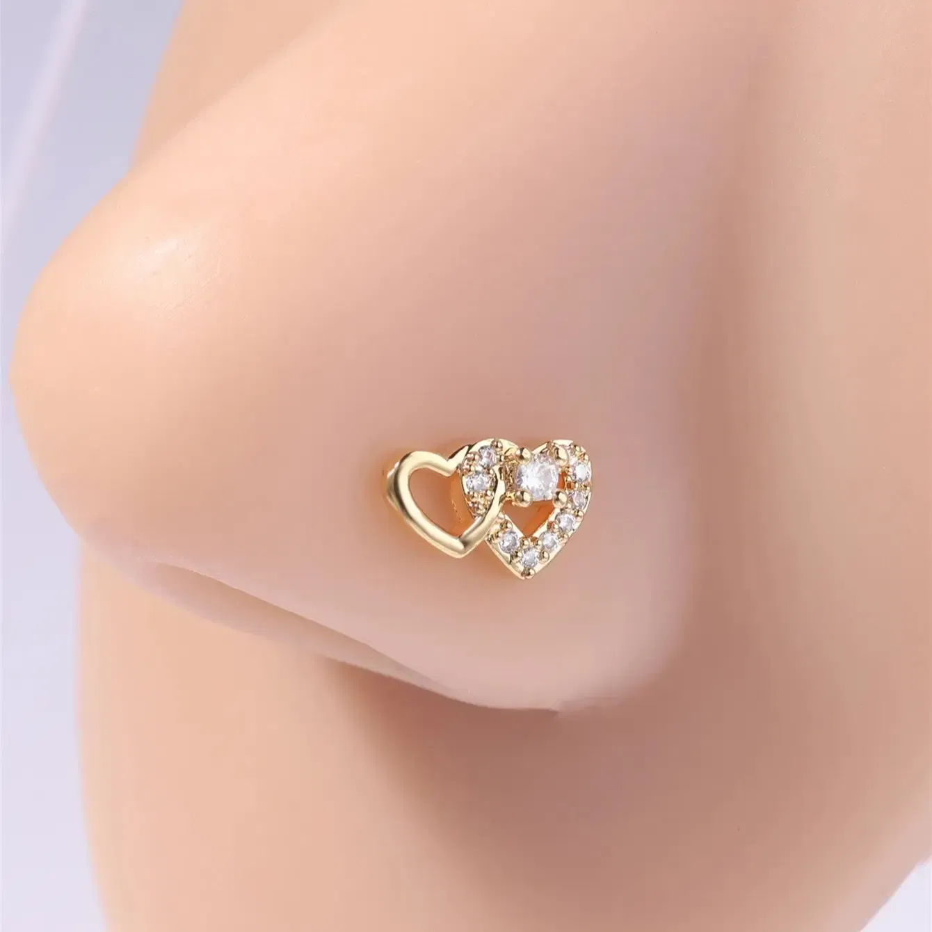 Metal color: Gold-color - 20G L Shaped Nose Studs Rings Cute Heart Shiny CZ Love Stone Gold Silver Color Nose Piercing for Women Girl Nostril Jewelry