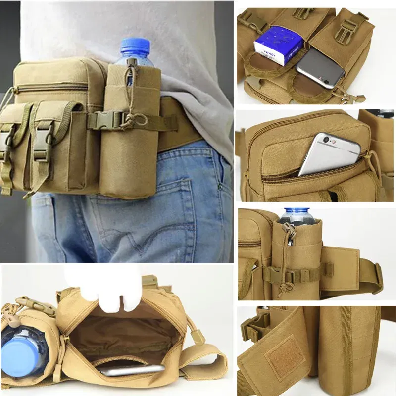 Color: Gold - Waterproof Nylon Fanny Pack Men Tactical Military Army Waist Bag Hiking Outdoor Camping Shoulder Bum Belt Bum Sport Chest Bags