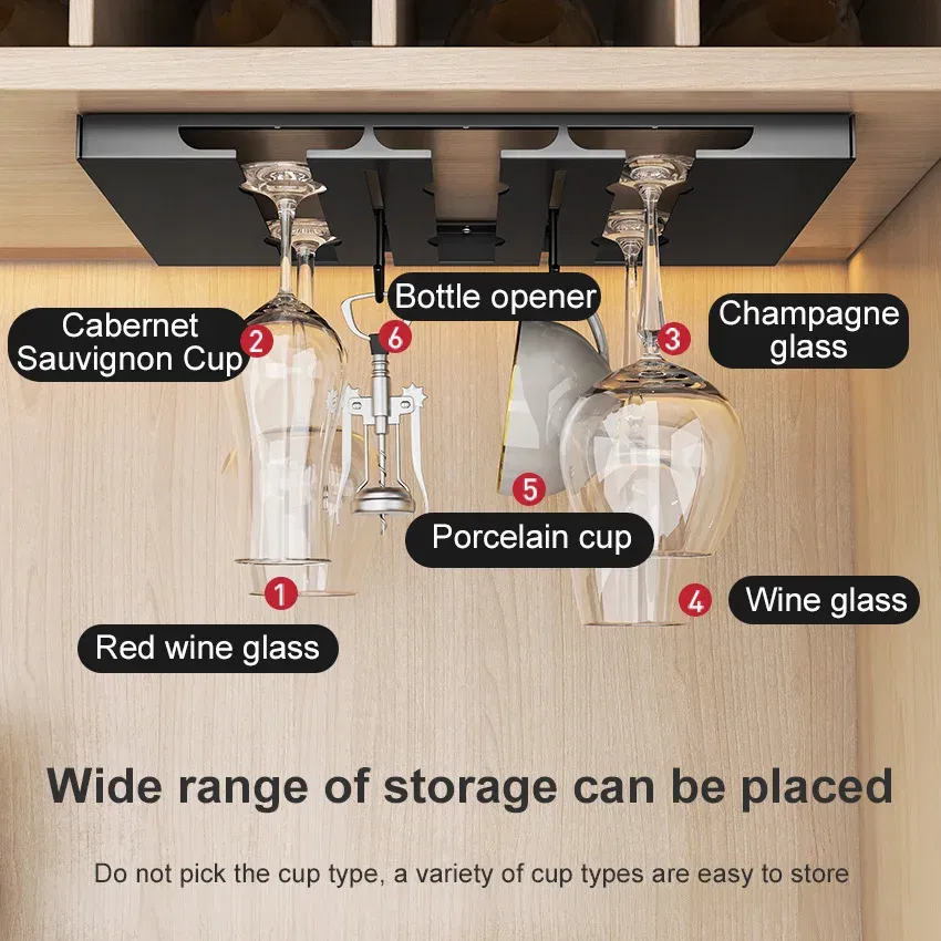 Color: Light Grey - Stainless Steel Under Cabinet Wine Glass Cup Holder Space-Saving Bar Counter Shelf Storage Rack Hanging Hooks Goblet Pokal Stand