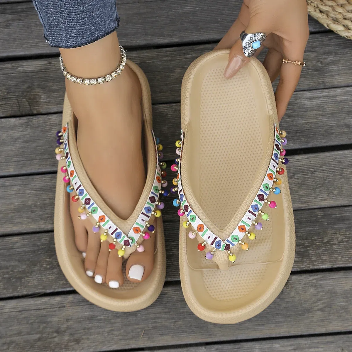 Color: Deep Green, Shoe Size: 42-43 - Summer Multi Color Women's Flip Flops Fashionable Metallic Teddy Bear Bow Slide Sandal Beach Vacation Home Versatile  Footwear