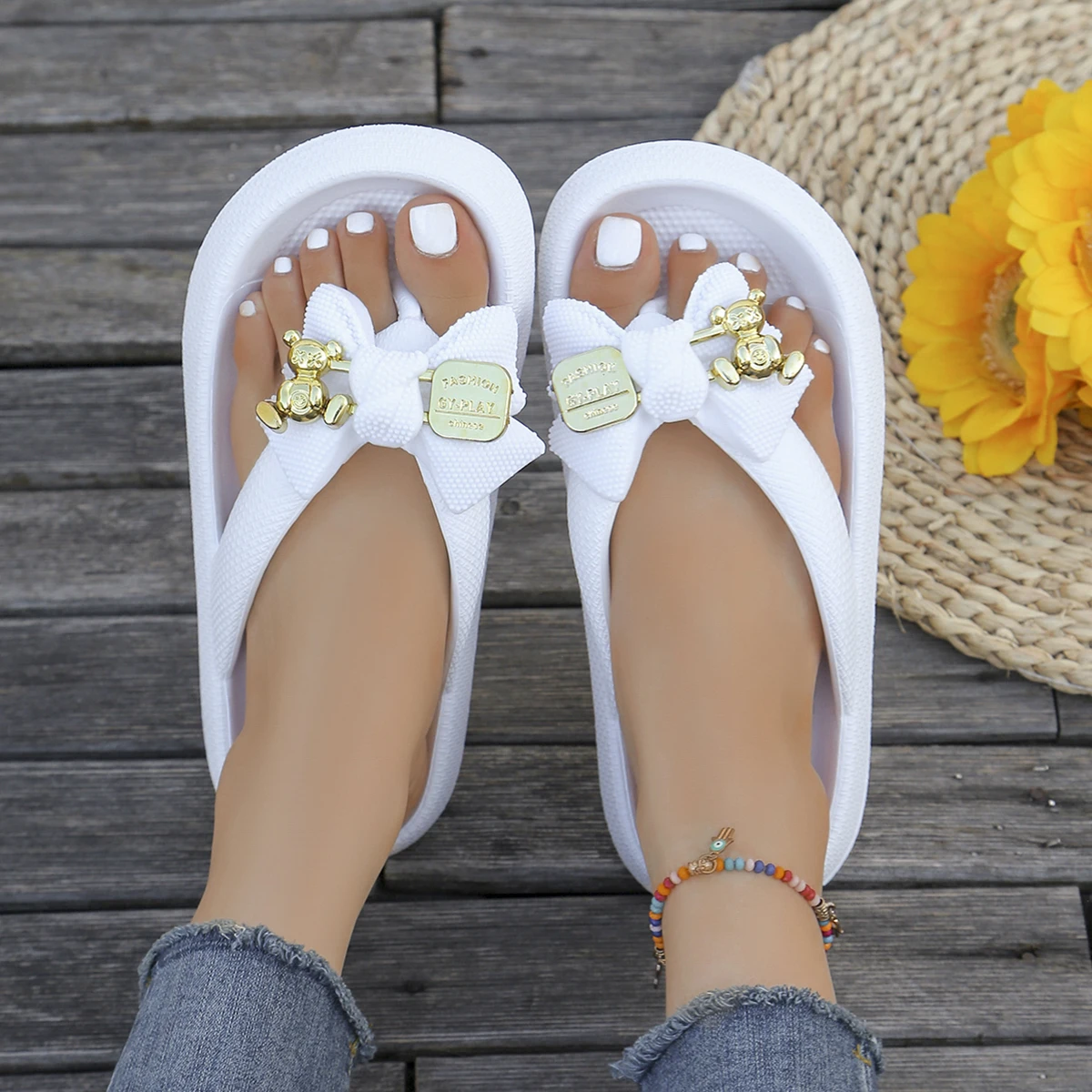 Color: Deep Green, Shoe Size: 42-43 - Summer Multi Color Women's Flip Flops Fashionable Metallic Teddy Bear Bow Slide Sandal Beach Vacation Home Versatile  Footwear