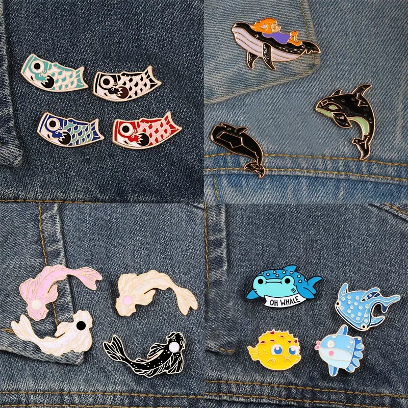 Metal color: Imitation Rhodium Plated, Ships From: CHINA - Cartoon Fish Brooches Collection Fish Koi Flag Bag Clothes Decorative Jewelry Goldfish Shark Whale Brooch Lapel Enamel Pin Badge