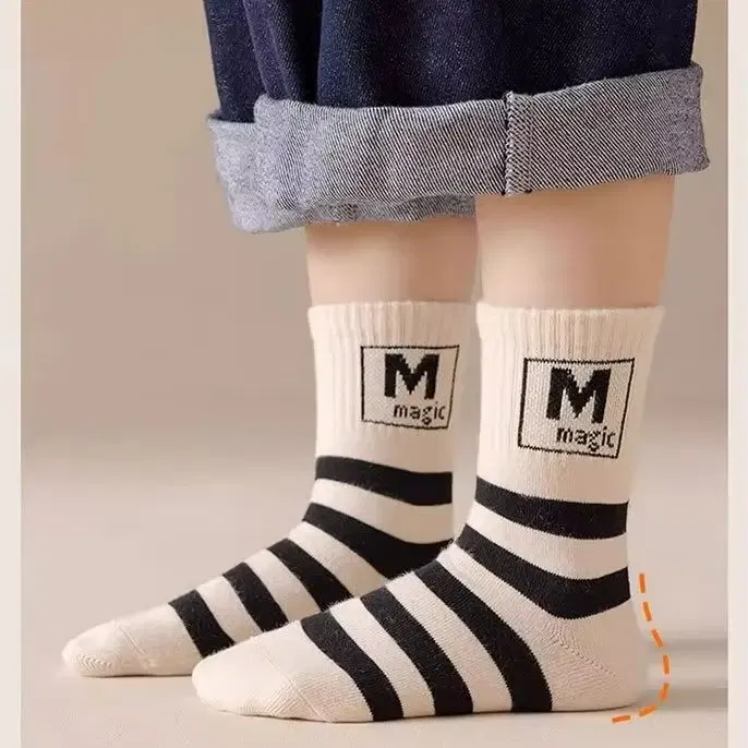 Color: Brown, Size: 7-9T - Spring Autumn Socks Kids Cotton Socks 5 pairs/bag Mid Calf Socks Striped Letter Pattern Children Sporty Socks Boys Socks