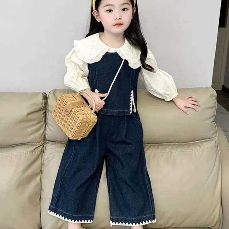 Color: Beige, Kid Size: 7T - Children's Sets 2025 Fall Girls' Denim Vest Set Stylish Shirt + Suspenders Outfit Trendy Toddler 2-Piece Jacket Ensemble