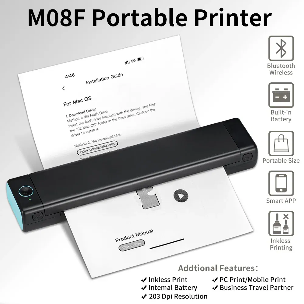 color: black - Phomemo M08F A4 Portable Thermal Printer,Supports 8.26"x11.69" A4 Thermal Paper,Wireless Mobile Travel Printers for Car & Office