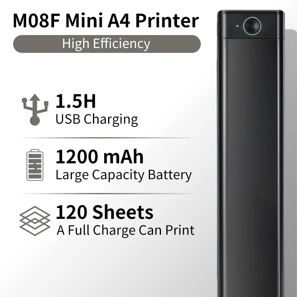 color: black - Phomemo M08F A4 Portable Thermal Printer,Supports 8.26"x11.69" A4 Thermal Paper,Wireless Mobile Travel Printers for Car & Office