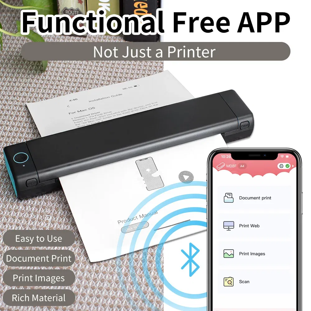 color: black - Phomemo M08F A4 Portable Thermal Printer,Supports 8.26"x11.69" A4 Thermal Paper,Wireless Mobile Travel Printers for Car & Office